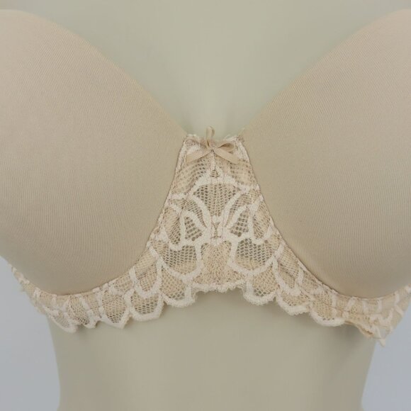 SO 36B Bra Solid Beige Strapless Bra Underwire Padded Lace Accent Bow Womens - Picture 3 of 13